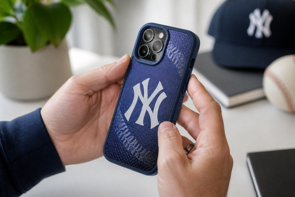 Close-up of hands holding a smartphone with a team-branded phone case, showing the grip texture, logo design, and protective bezel details against a bright background