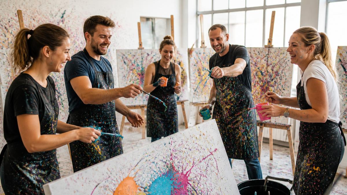 Kolleginnen und Kollegen lachen beim Action Painting als kreatives Teambuilding für Anfänger im Atelier.