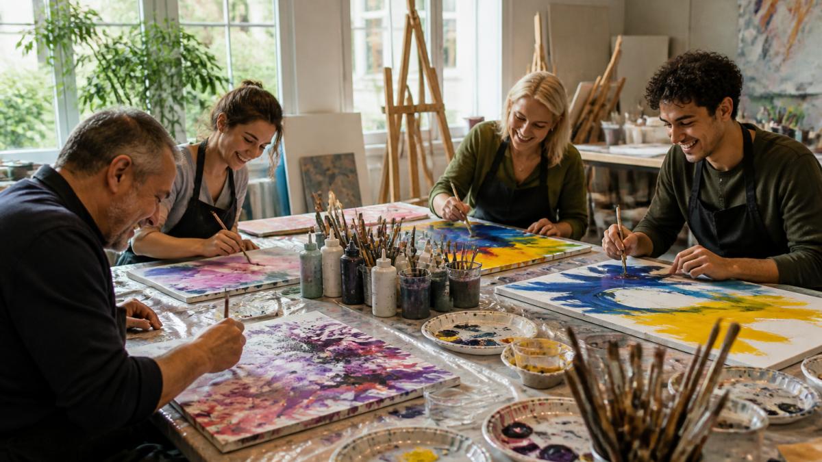 Ein Team von vier bis fünf Personen unterschiedlichen Alters sitzt gemeinsam an einem Tisch und malt mit Farben und Pinseln auf großen Leinwänden. ### Wie Action Painting Workshops funktionieren Ein Action Painting Workshop folgt einem bewährten Schema für Zusammenarbeit ohne Druck. Das Wichtigste: Niemand muss sich "vorstellen" oder "präsentieren". Die Kunstwerke sprechen für sich selbst. ## Teambuilding für kleine Teams: Intimität statt Masse Kleine Teams arbeiten enger zusammen - ein zu lautes, kompetitives oder forderndes Event zerstört diese Intimität. Für kleine Teams (5-15 Personen) funktioniert ein Workshop im gleichen Raum besser als eine Aufteilung: klein genug, um nicht zu überwältigen, groß genug für echte Zusammenarbeit. Ein Team von 8 Personen an einem großen Kunstwerk erlebt direkt, wie unterschiedliche Herangehensweisen zusammenpassen. ## Teamevent Wien planen: Schritt-für-Schritt-Anleitung Ein Teamevent für ein introvertiertes Team zu planen heißt, Entscheidungen in der richtigen Reihenfolge zu treffen. Diese sechs Schritte gelten für fast jedes Format - vom Kreativworkshop bis zum ruhigen Kochabend. ### Schritt 1: Gruppengröße und Dauer festlegen Vor der Formatwahl müssen Sie wissen, wie viele Personen teilnehmen und wie lange das Event dauern soll. Für introvertierte Teams gilt: - **Unter 10 Personen:** Ein Workshop im gleichen Raum funktioniert optimal - **10-20 Personen:** Zwei kleinere Gruppen hintereinander oder parallel - **Über 20 Personen:** Mehrere Schichten oder mehrere Tage Die reine Aktivitätszeit sollte 2-3 Stunden nicht überschreiten; vier Stunden mit nur einer kurzen Pause sind zu anstrengend. Fragen Sie Ihr Team nach der Wohlfühldauer - manche bevorzugen 90 Minuten, andere 2,5 Stunden. ### Schritt 2: Format nach sozialem Druck auswählen Nicht jede Aktivität in Wien passt zu einem introvertierten Team. Bewerten Sie jedes Format anhand von vier Kriterien: - **Sichtbarkeit:** Steht jemand allein im Mittelpunkt, oder arbeiten alle parallel? - **Wettbewerb:** Gibt es Gewinner und Verlierer, oder ein gemeinsames Ergebnis? - **Redepflicht:** Muss jeder etwas sagen, vorstellen oder sich offenbaren? Nach diesen Kriterien schneiden in Wien typischerweise folgende Formate gut ab: - **Kreativworkshop** (Malen, Töpfern, Siebdruck): paralleles Arbeiten, kein Präsentieren, klares Ende - **Museumsbesuch mit Führung** in einem kleineren Haus: strukturiert, ruhig, Gespräche sind möglich, aber nicht Pflicht - **Koch- oder Backkurs in Kleingruppen:** gemeinsames Ergebnis, Aufgaben lassen sich aufteilen Weniger geeignet sind Formate mit ständiger Bühne oder Zeitdruck - Escape Rooms, Quiz-Shows oder laute Wettkampf-Events. Sie erzeugen genau den Druck, den introvertierte Teammitglieder vermeiden wollen. :::tip Fragen Sie den Anbieter vor der Buchung, ob es einen Raum gibt, in den sich jemand für fünf Minuten zurückziehen kann. Ein ruhiger Nebenraum oder eine Sitzecke entscheidet oft darüber, ob sich alle wohlfühlen. ::: ### Schritt 3: Ablauf, Pausen und Rückzug schriftlich kommunizieren Introvertierte Menschen mögen Klarheit statt Überraschungen. Teilen Sie vorab mit: - Wie lange das Event dauert (inklusive An- und Abreise) - Was genau passieren wird, Schritt für Schritt - Wann es Pausen gibt und wie lange sie dauern Beispiel: „Wir treffen uns um 14 Uhr, es gibt eine 10-minütige Einführung, dann arbeiten wir 40 Minuten an Kunstwerken, dann 15 Minuten Pause, dann noch 30 Minuten. Diese Klarheit reduziert Angst und erhöht die Teilnahme: Wer weiß, was kommt, fürchtet nicht ständig unangenehme Überraschungen. ### Schritt 4: Kosten und Budget realistisch einplanen Die Kosten für ein Teamevent in Wien hängen stark vom Format ab. Für die Planung hilft eine grobe Orientierung: - **Kreativ- oder Handwerksworkshop:** meist zwischen 30 und 70 Euro pro Person, je nach Material und Dauer - **Museumsbesuch mit Führung:** Eintritt plus Führung, häufig im Bereich von 15 bis 30 Euro pro Person - **Koch- oder Backkurs:** oft 60 bis 120 Euro pro Person, abhängig von Menü und Getränken Dazu kommen Anreise, mögliche Raummiete und Getränke. Fragen Sie Anbieter immer nach dem Gesamtpreis inklusive Material. :::warning Vorsicht bei Pauschalangeboten, die „Teambuilding“ mit Wettkampf-Elementen kombinieren. Diese Pakete sind oft günstiger, erzeugen aber genau den sozialen Druck, den Sie vermeiden wollen. ::: ### Schritt 5: Anreise und Veranstaltungsort prüfen Der Ort beeinflusst, wie entspannt das Event abläuft. Achten Sie auf: - **Öffi-Anbindung:** Ein Ort mit U-Bahn- oder Straßenbahnanschluss senkt die Hürde, pünktlich und ohne Stress anzukommen - **Ruhige Lage:** Ein Innenhof, ein Park oder ein ruhiges Grätzel ist besser als eine laute Hauptstraße - **Barrierefreiheit:** Prüfen Sie Stufen, Aufzüge und Toiletten, damit niemand ausgeschlossen wird - **Rückzugsraum:** Ein Nebenraum, eine Sitzecke oder ein Innenhof, in dem man kurz durchatmen kann Ein Ort im ersten oder einem inneren Bezirk ist zentral und trotzdem ruhig; bei zerstreut wohnendem Team verkürzt gute Öffi-Anbindung die Anreise für alle. ### Schritt 6: Buchen, nachfragen und nachbereiten Buchen Sie rechtzeitig: Gute Workshops sind schnell ausgebucht, besonders bei spezifischem Datum oder fester Gruppengröße. Sagen Sie dem Anbieter, wenn Ihr Team introvertiert ist und kleine Gruppen bevorzugt - professionelle Anbieter passen Ablauf, Pausen und Gruppengröße an. Nach dem Event lohnt sich eine kurze, schriftliche Nachbereitung. Eine anonyme Umfrage mit drei Fragen reicht oft aus: - Wie wohl hast du dich gefühlt? (Skala 1-5) - Gab es einen Moment, der unangenehm war? - Was würdest du beim nächsten Mal anders machen? Die Rückmeldung hilft, das nächste Event besser zuzuschneiden, und zeigt introvertierten Teammitgliedern, dass ihre Bedürfnisse ernst genommen werden. :::takeaway Ein gutes Teamevent für introvertierte Teams entsteht nicht durch ein besonders spektakuläres Format, sondern durch saubere Planung: klare Kommunikation, kleine Gruppen, echte Pausen, ein ruhiger Ort und ein Ablauf ohne Bühne. ::: ## Häufige Bedenken bei introvertiertem Teambuilding Bei der Planung eines Teambuilding-Events für ein introvertiertes Team tauchen immer die gleichen Fragen auf. Hier die Antworten - inklusive der Punkte, die in den meisten Ratgebern fehlen. ### Keine Vorkenntnisse nötig Das häufigste Bedenken: „Wir haben noch nie gemalt, werden wir uns blamieren?“ Bei einem gut gestalteten Workshop gibt es nichts zu blamieren: Es geht nicht um Kunstfertigkeit, sondern um das gemeinsame Tun. Je weniger Vorkenntnisse, desto besser: Niemand hat Erwartungen an sich selbst, weil niemand „Künstler“ sein muss. ### Kein Auftritts- oder Bewertungsdruck Ein zweites Bedenken: „Müssen wir unsere Werke vor allen präsentieren?“ Nein. Bei einem gut gestalteten Workshop muss niemand sein Werk „vorstellen“ oder „erklären“ - die Werke hängen einfach an der Wand. Manche Teams sprechen gern kurz über ihr Werk, aber das ist immer optional. Standard ist: Schaffen, nicht Präsentieren. ### Was, wenn jemand nicht mitmachen will? Ein drittes Bedenken: „Was, wenn ein Teammitglied einfach nur zuschauen möchte?“ Das ist völlig in Ordnung. Ein gutes Format lässt mehrere Rollen zu: mitmachen, beobachten, fotografieren, Getränke holen oder einfach dabei sein. Kommunizieren Sie diese Optionen vorab. Wer weiß, dass Zuschauen erlaubt ist, entspannt sich oft und macht später doch mit. ### Wie gehen wir mit Wettbewerbsdruck um? Ein viertes Bedenken: „Unser Team ist gemischt - einige lieben Wettbewerb, andere nicht.“ Die Lösung ist nicht, Wettbewerb zu verbannen, sondern ihn freiwillig zu machen: - Ein gemeinsames Ziel statt gegeneinander: Alle arbeiten an einem großen Werk - Optionale Zusatzaufgaben für die, die mehr Action wollen - Zwei parallele Formate: eine ruhige Gruppe, eine aktivere Gruppe - Kein Ranking, keine Punkte, keine Siegerehrung So fühlen sich beide Persönlichkeitstypen angesprochen, ohne Überforderung. ### Wie viele Personen sind ideal? Ein fünftes Bedenken: „Wir sind 25 Personen - ist das zu viel?“ Nicht unbedingt, aber die Gruppengröße verändert das Format. Faustregel: - **Bis 10 Personen:** eine Gruppe, ein Raum, ein Ablauf - **10-20 Personen:** zwei parallele Kleingruppen oder zwei Schichten - **Über 20 Personen:** mehrere Schichten, mehrere Räume oder ein längerer Zeitrahmen Wichtig ist, dass niemand in einer zu großen Gruppe untergeht oder sich ständig beobachtet fühlt - 8-12 Personen sind für introvertierte Teams meist am angenehmsten. ### Was kostet ein introvertiertenfreundliches Teamevent? Ein sechstes Bedenken: „Was kommt am Ende auf uns zu?“ Die [Kosten