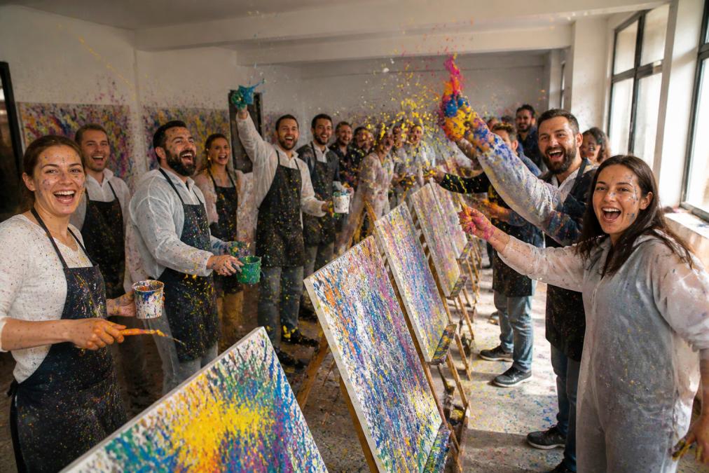 Große, lachende Gruppe von Büroangestellten in legerer Kleidung, die gemeinsam bunte Leinwände mit Farbe bespritzen, Farbspritzer fliegen durch die Luft, alle wirken begeistert und miteinander verbunden, helle Werkstattatmosphäre
