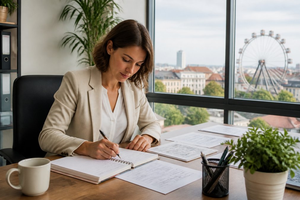 Eventmanagerin am modernen Schreibtisch mit geöffnetem Laptop, aufgeschlagenem Notizbuch und Kaffeebecher, konzentriert beim Erstellen eines Zeitplans für ein Firmenevent, helle Büroatmosphäre mit großem Fenster