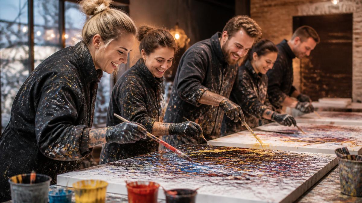 Gruppe von Mitarbeitern beim Action Painting Workshop, konzentriert und lachend, wie sie gemeinsam bunte Kunstwerke mit Pinseln und Farben auf großen Leinwänden schaffen, warme Beleuchtung in modernem Studio