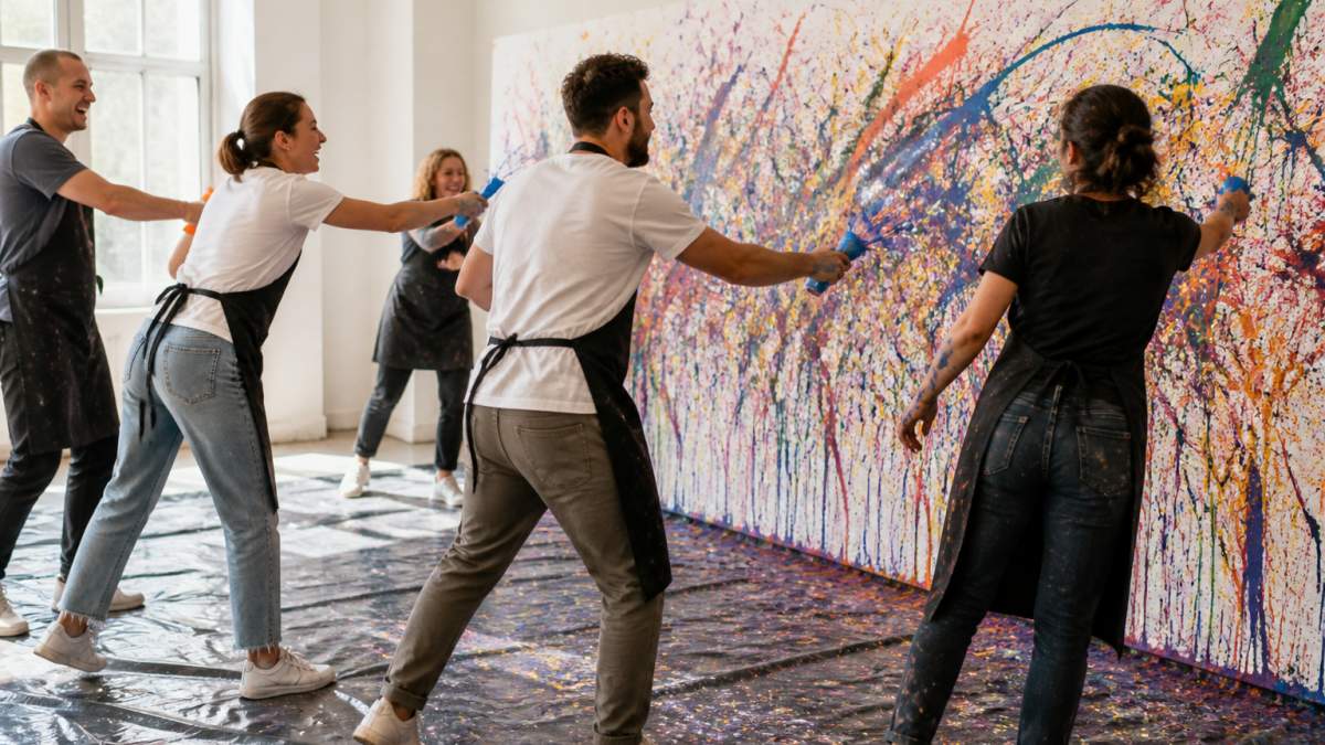 Eine Gruppe von Kolleginnen und Kollegen in Freizeitkleidung schleudert lachend Farbe auf eine große Leinwand in einem hellen Workshop-Raum, Spritzer auf dem Boden mit einer Plane abgedeckt, warmes Tageslicht von der Seite