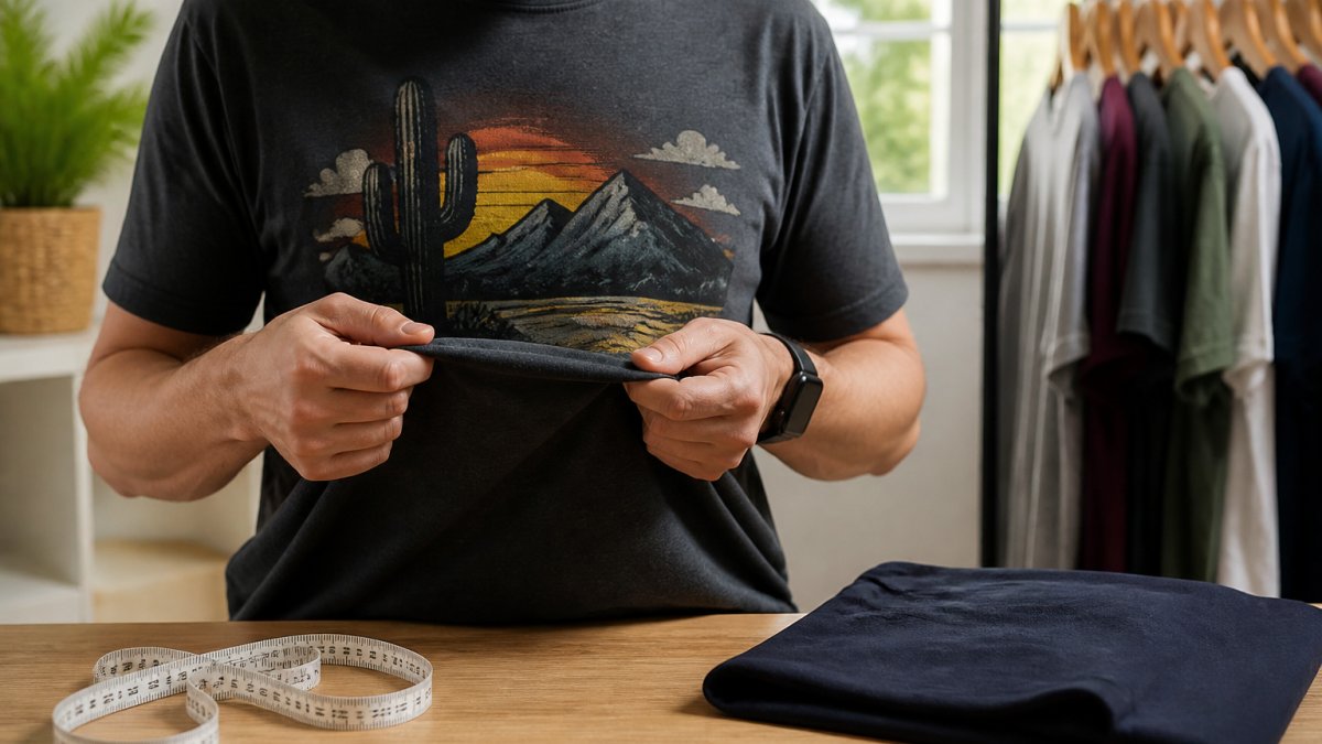 A person in a well-fitting graphic t-shirt examining the fabric and print quality in a bright, casual room, with a tape measure and a folded plain shirt on a wooden table nearby