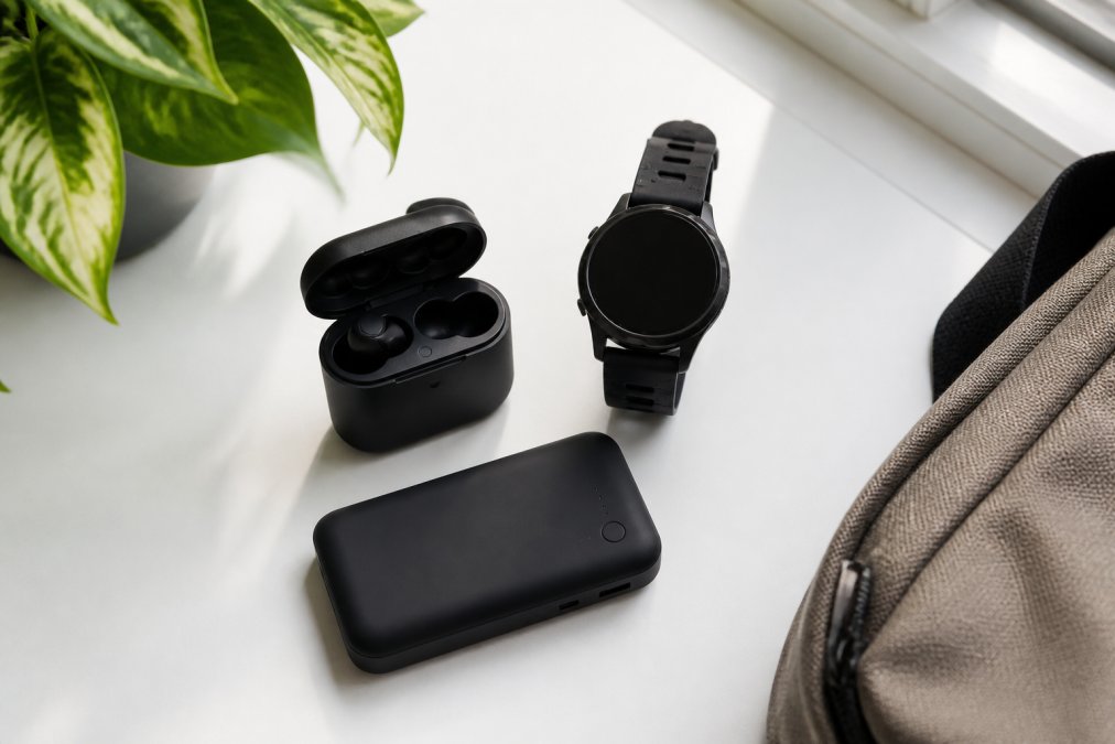 Flat lay of several small tech gadgets arranged neatly on a clean white surface including wireless earbuds in their case, a compact smartwatch, and a small power bank, photographed with soft natural light from a nearby window