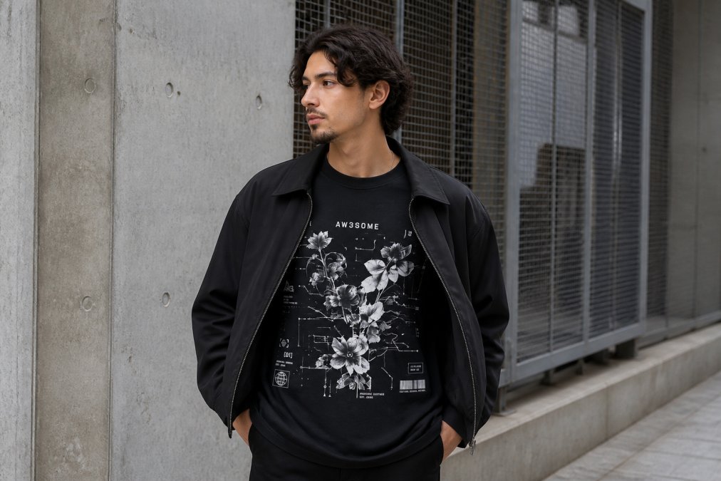 Person wearing an oversized heavyweight graphic tee layered under a structured minimalist jacket, demonstrating clean lines and functional simplicity in a modern urban street setting with natural daylight