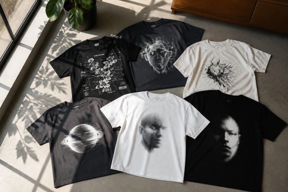 Flat lay of a curated collection of heavyweight graphic tees in neutral tones and monochromatic palettes, organized to show versatility and layering potential, shot in natural window lighting