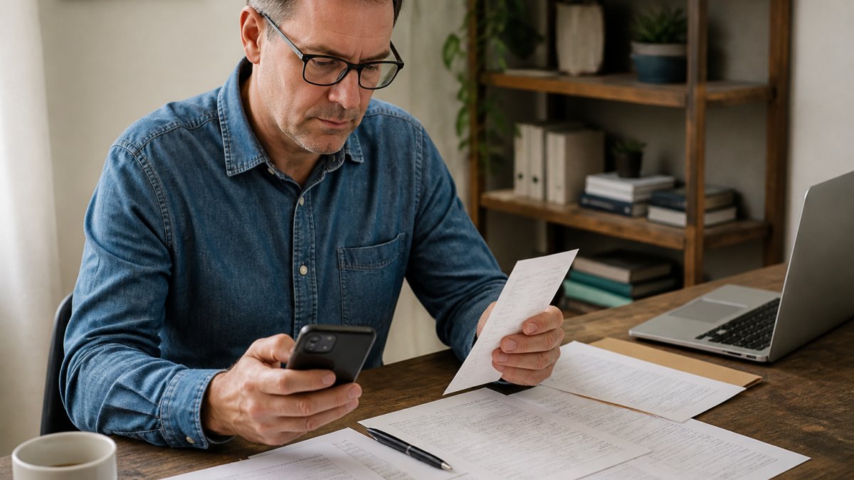 Persona sosteniendo un smartphone y un recibo, sentada en un escritorio con documentos y una computadora portátil, revisando la documentación de la garantía y preparándose para presentar una reclamación