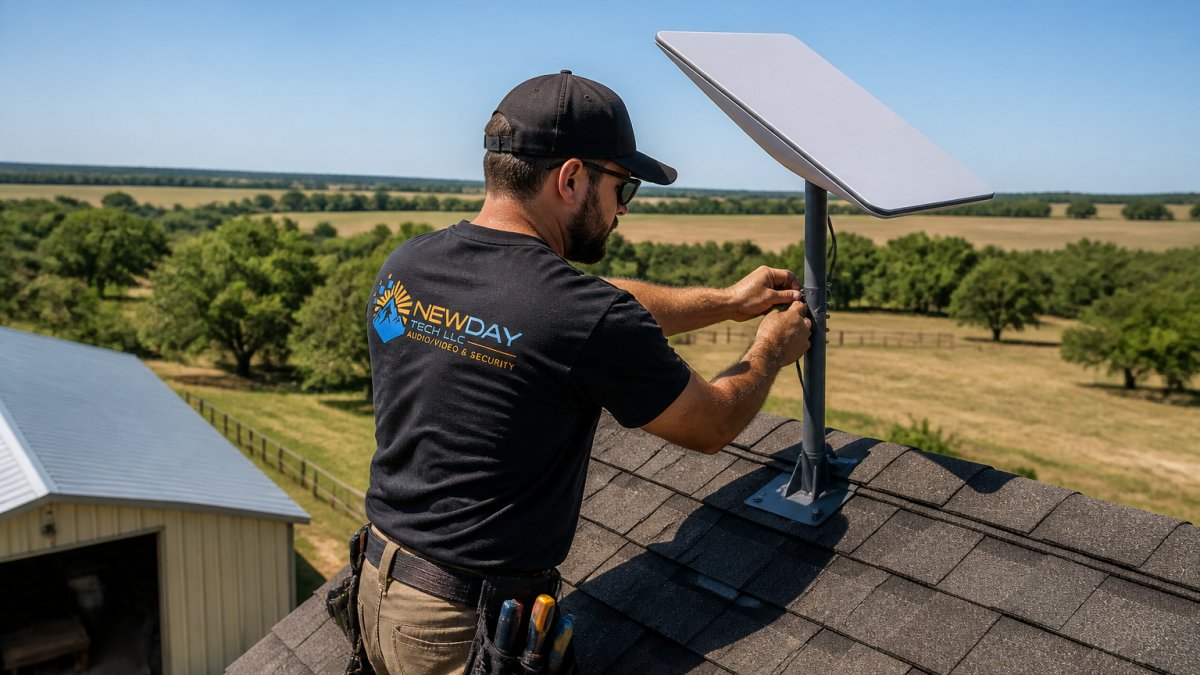 Technician mounting a satellite dish on a rural roof to provide tech support for rural property owners