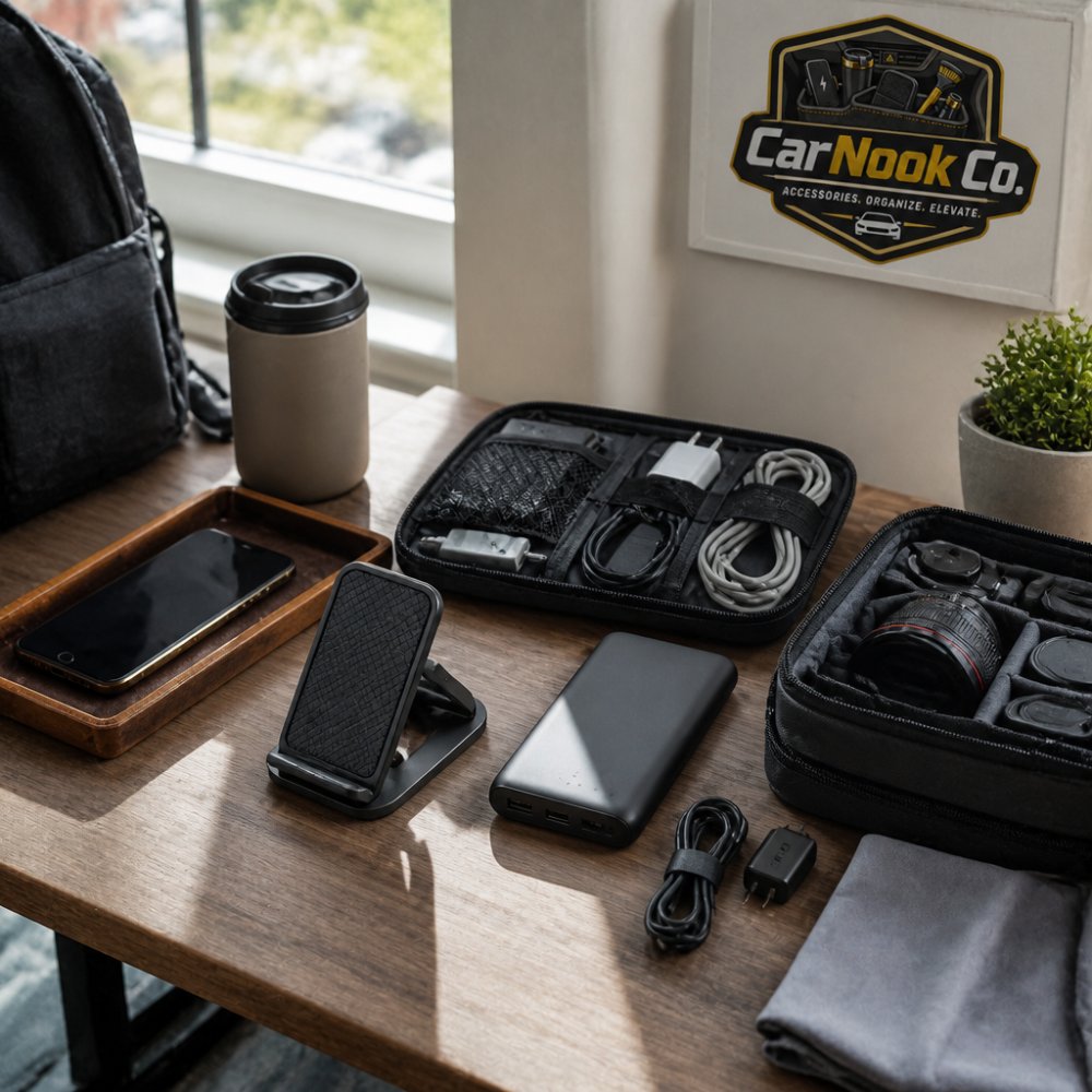 Traveler's desk with organized tech accessories including phone case, charger, cables in organizer pouch, portable power bank, phone stand, and camera lens kit neatly arranged on light wooden surface with natural window lighting