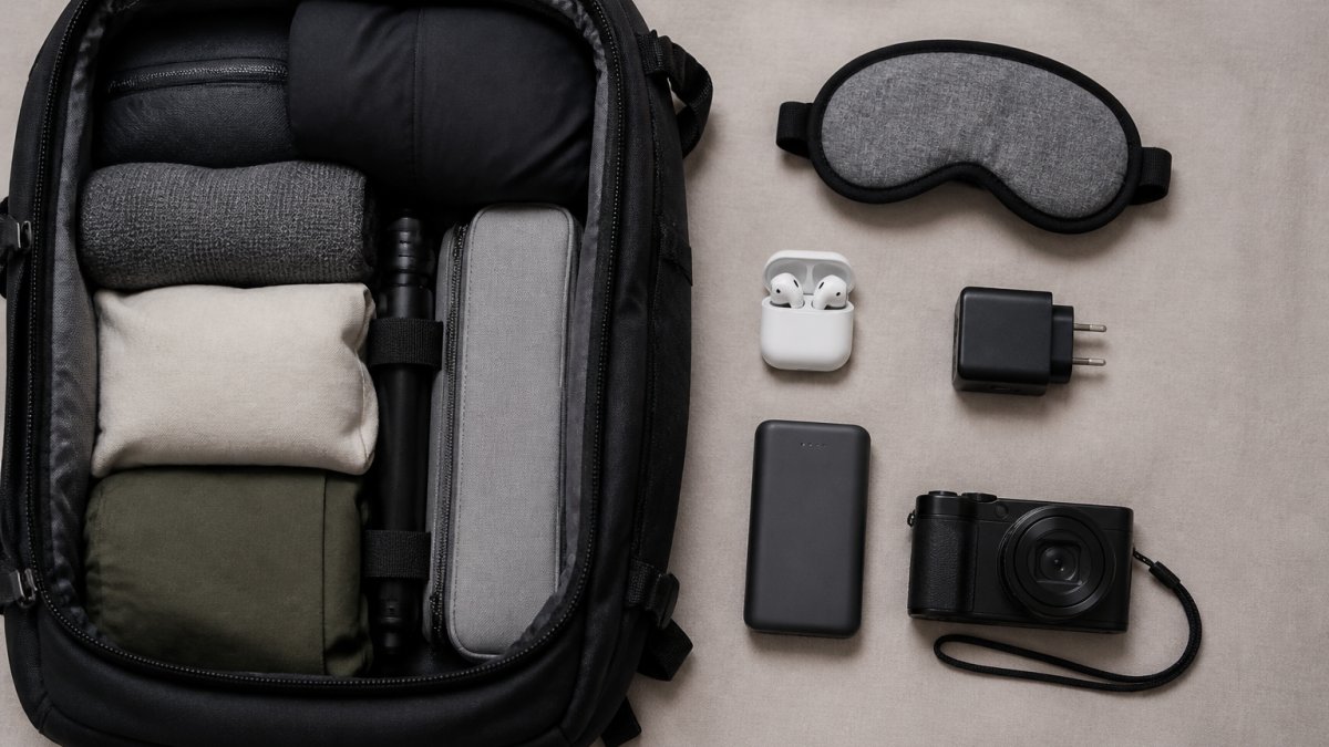 Overhead flat-lay of a packed travel backpack with tech gadgets neatly organized including translation earbuds, compact charger, power bank, compact camera, and memory foam eye mask arranged on a neutral background with soft natural lighting