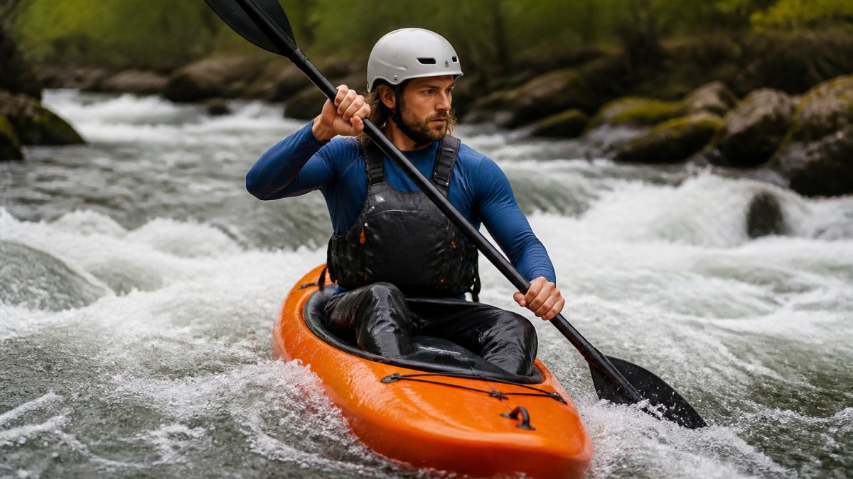Paddler wearing a helmet and layered technical gear while kayaking on a river rapids section.