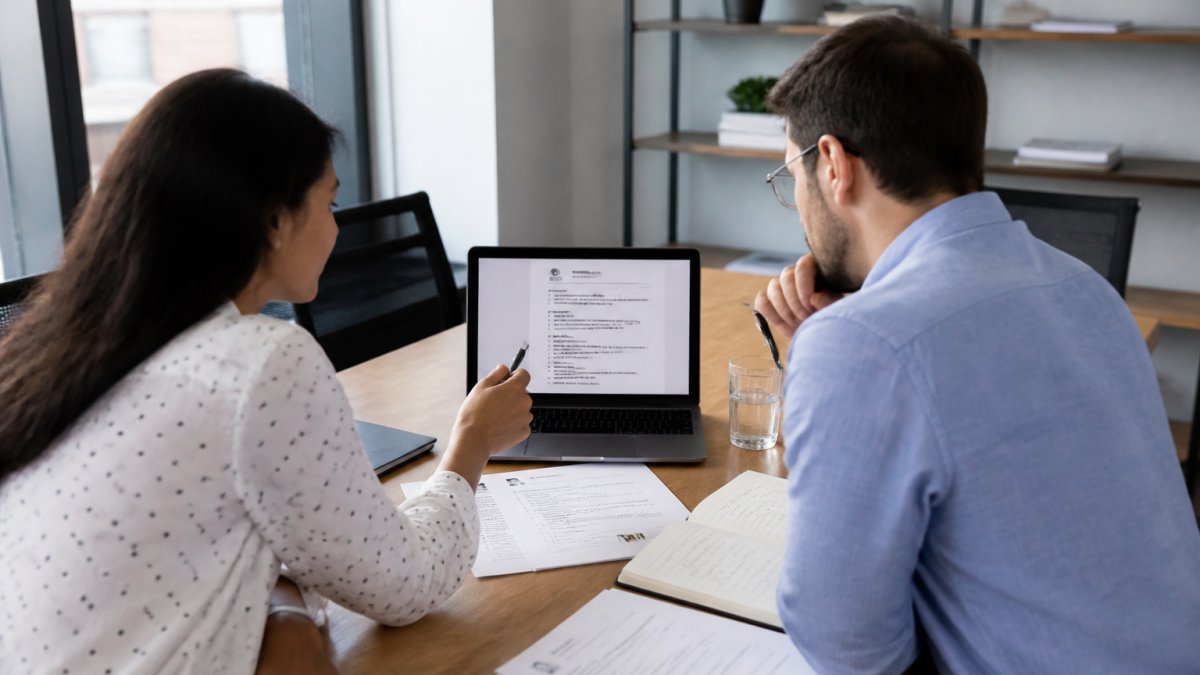 Data professional and reviewer analyzing a laptop screen during a technical resume review session