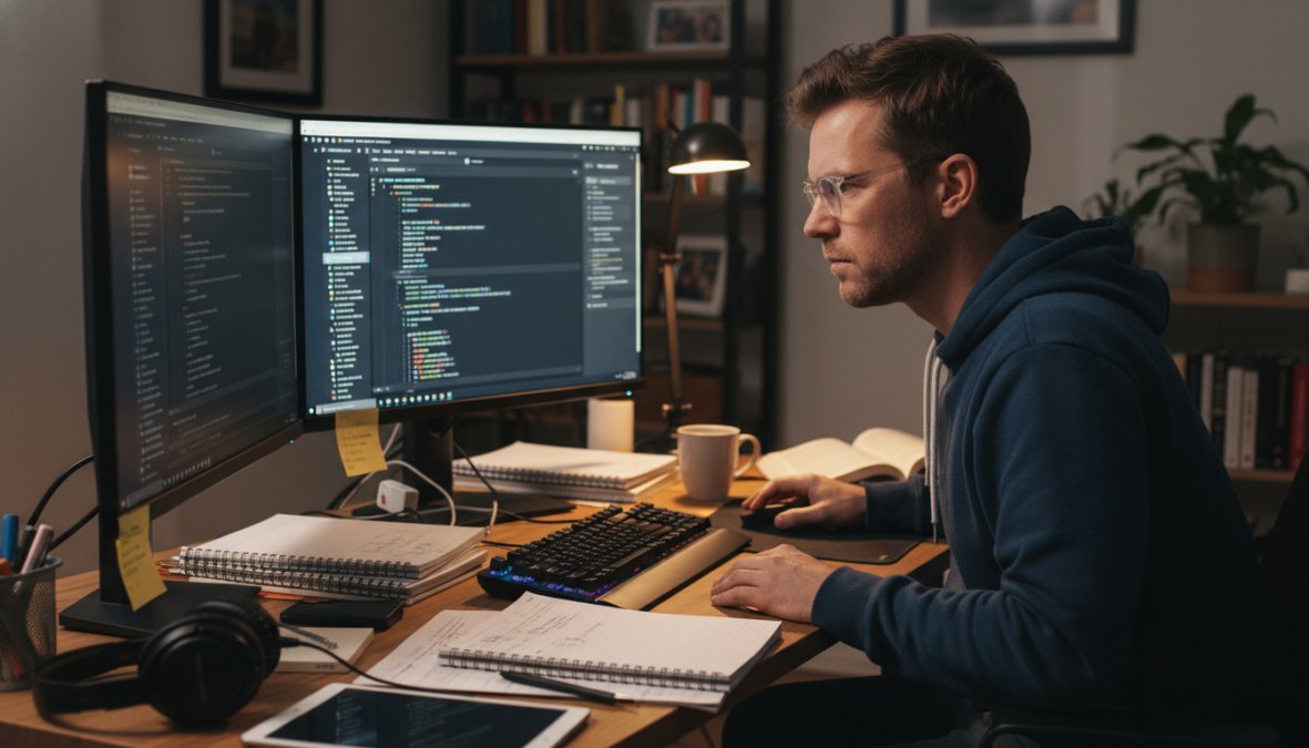 A developer closely examining dual monitors showing raw HTML source code on one screen and a fully rendered browser preview on the other, in a dimly lit home office with a single desk lamp casting warm light