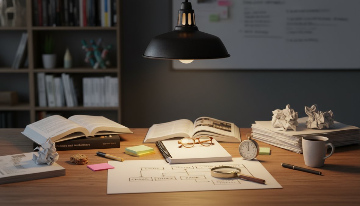 A developer and a marketer sitting side by side at a desk, reviewing a technical audit report on dual monitors in a modern startup office with warm overhead lighting