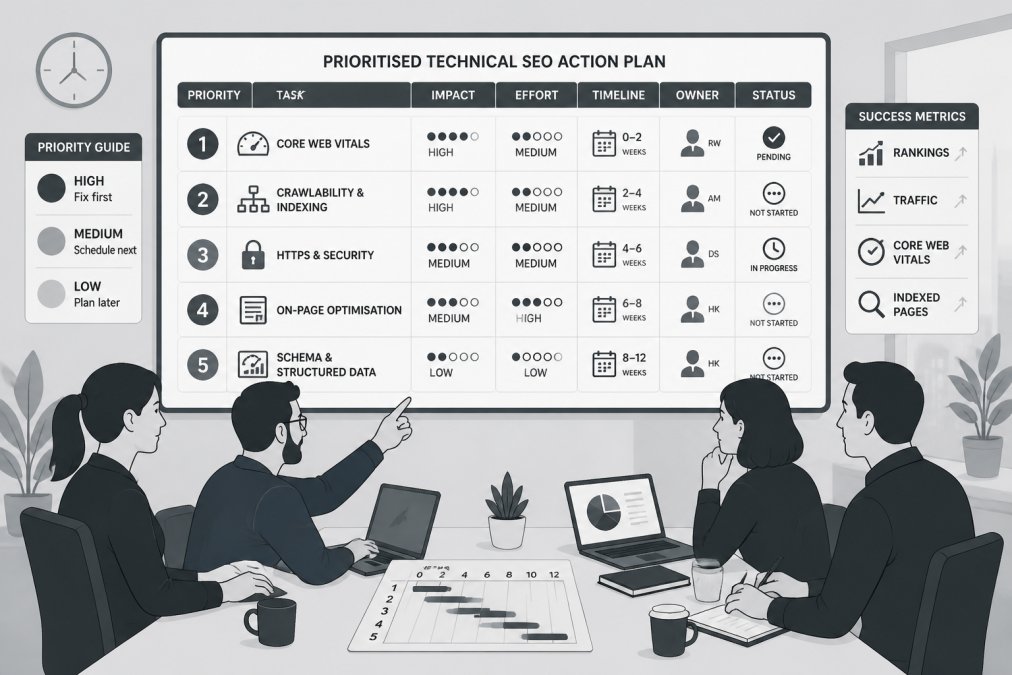 Professional illustration showing technical SEO audit