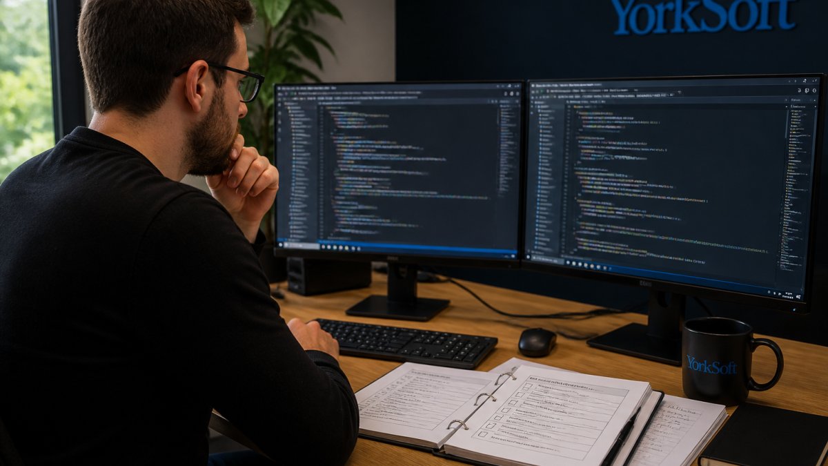Web developer reviewing code on a large dual-monitor setup with technical documentation and a checklist visible on the desk, focused analysis of website structure