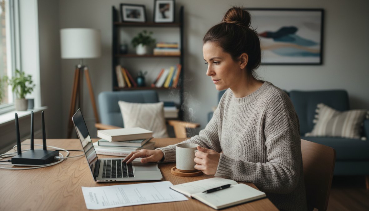 A small business owner sitting at a desk reviewing website performance metrics on a laptop, coffee mug beside the keyboard, warm focused expression in a cozy home office with natural window light