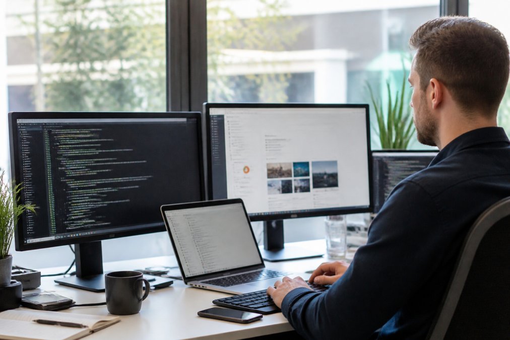 Web developer monitoring site performance metrics on multiple screens in a modern office, with graphs and analytics dashboards visible on the displays, natural office lighting