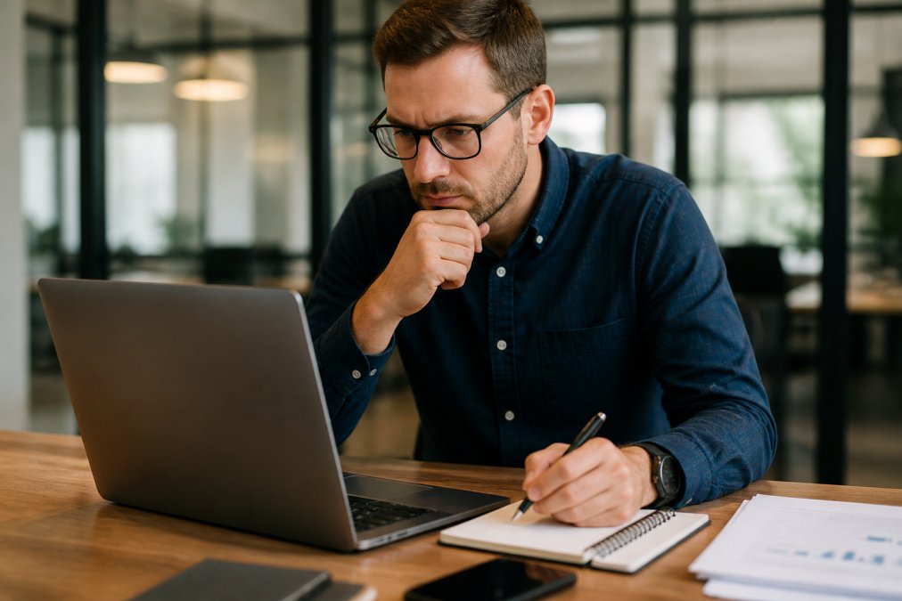 Marketing manager reviewing technical SEO audit results on a laptop with a notebook and pen, appearing focused and analytical in a modern office environment