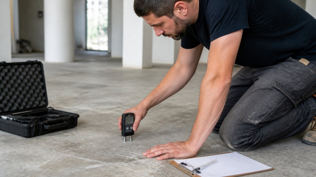 Professional contractor using moisture meter on concrete floor surface during substrate inspection, with testing equipment and clipboard visible on the jobsite