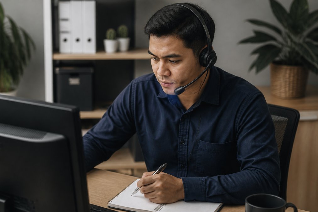 Support team member at desk wearing professional headset, focused on computer screen displaying ticket management system with customer information visible, taking detailed notes while assisting a customer through the phone