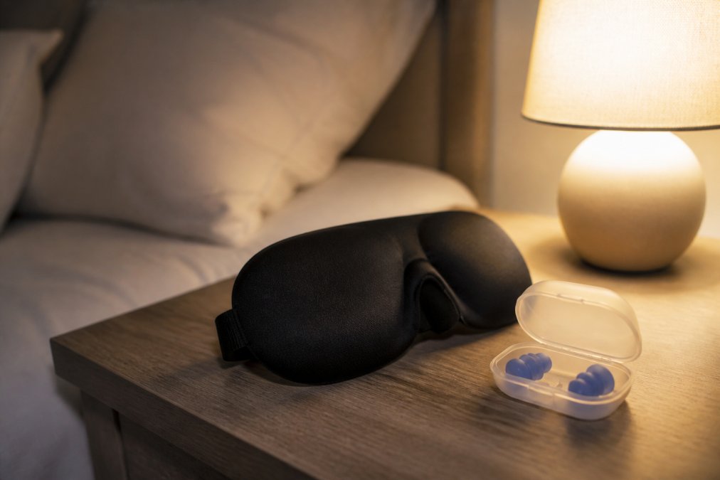Schéma illustrant les accessoires de relaxation contre l'insomnie : masque 3D, bouchons d'oreilles et lampe tamisée.