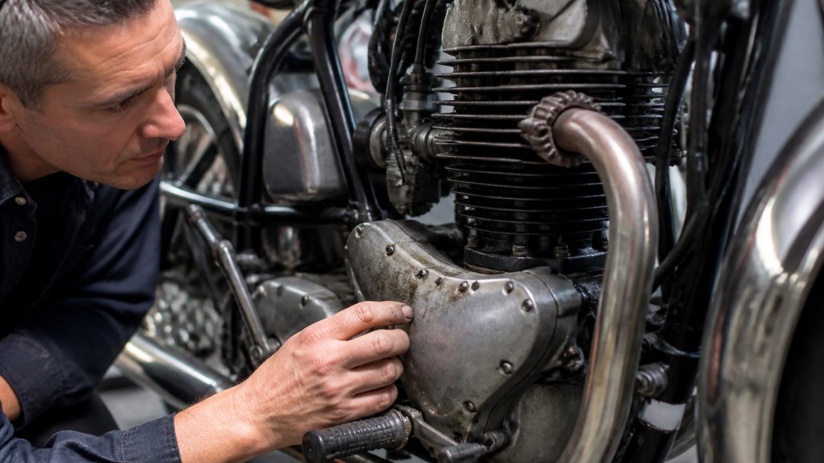 Close-up van iemand die het motorblok van een klassieke motorfiets inspecteert, met aandacht voor oliesporen en slijtage