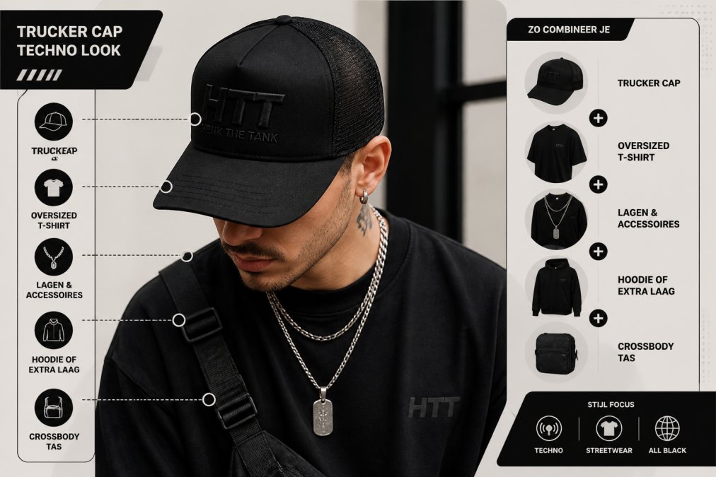 Close-up detail shot of a person wearing a trucker cap styled with a techno streetwear outfit, showing how the cap coordinates with dark clothing and layered accessories, captured in natural indoor lighting