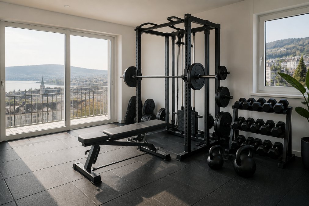 Ein modernes, aufgeräumtes Heimstudio in einer Schweizer Stadtwohnung mit einer Kraftstation, Kurzhanteln und einer Trainingsbank, helles Tageslicht durch grosse Fenster