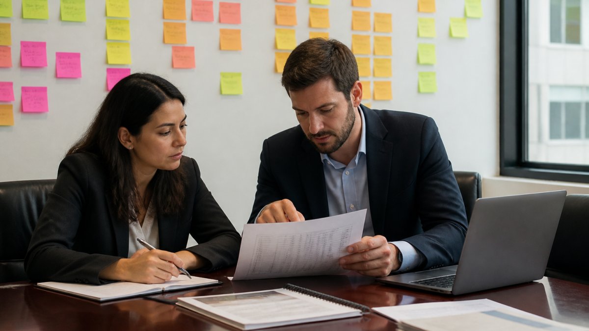 Two business consultants reviewing a printed systems inventory and laptop dashboards at a conference table, sticky notes marking applications on a wall behind them