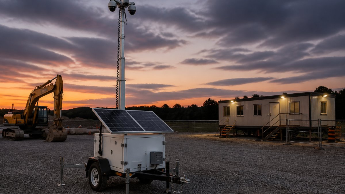 Solar-powered technology towers with mounted security cameras on a construction site at dusk