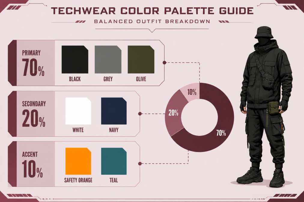 Color palette diagram showing primary swatches (black #1A1A1A, grey #6B6B6B, olive #4B5320) at 70% proportion, secondary (white, navy) at 20%, and accent (safety orange, teal) at 10% for a balanced techwear outfit