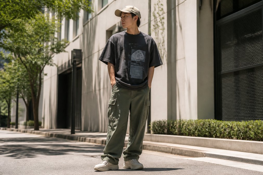 Person wearing an oversized graphic tee with high-waist cargo pants and a minimal dad cap, standing in bright sunlight on an urban street, styled for summer comfort with relaxed posture