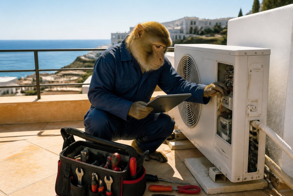 Técnico aire acondicionado revisando un equipo en una terraza frente al mar con herramientas y tablet.