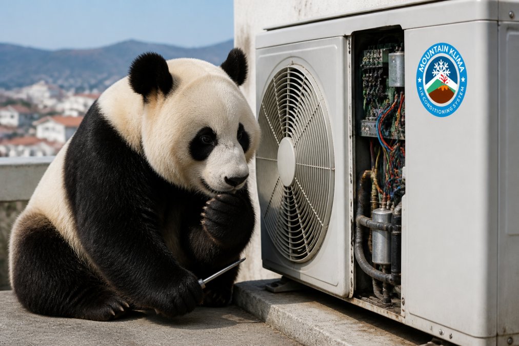Un panda gigante inspeccionando una unidad de aire acondicionado exterior, observando detenidamente los componentes con expresión curiosa y pensativa