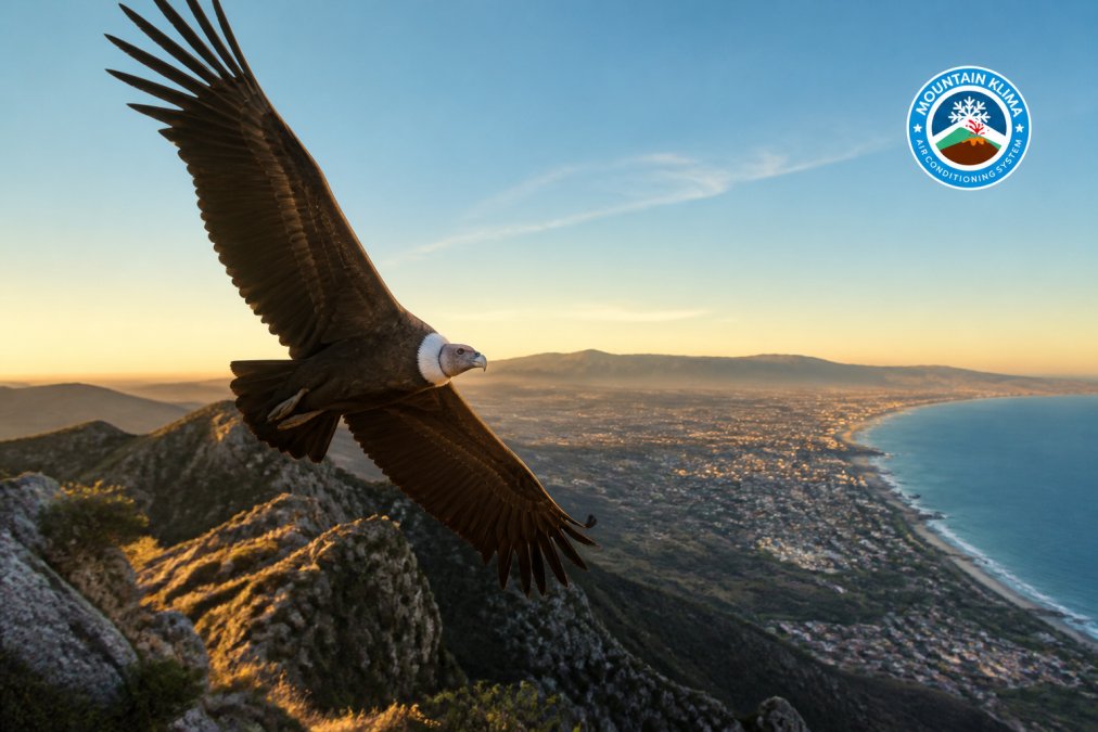Un cóndor volando sobre montañas costeras con vistas a la Costa del Sol, simbolizando la visión y el alcance profesional en climatización