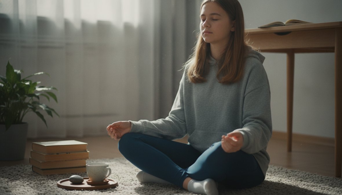 Calm teenager sitting cross-legged in peaceful bedroom with soft natural lighting, eyes closed, practicing deep breathing with relaxed posture