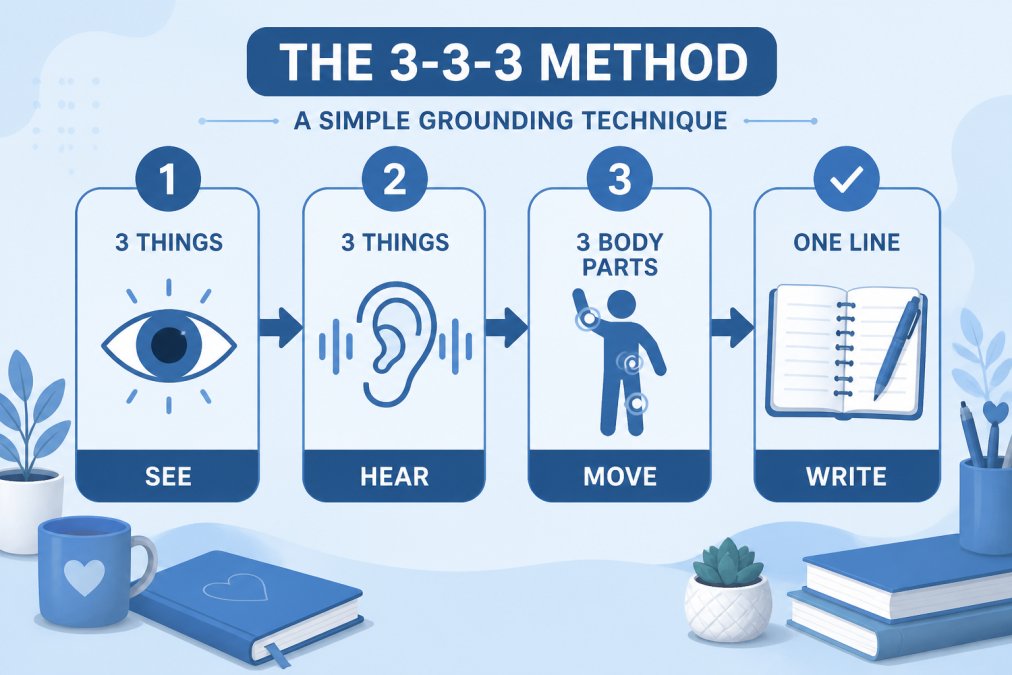 Flowchart showing the 3-3-3 method steps: 1. Name 3 things you can see, 2. Name 3 things you can hear, 3. Here is how it works: 1. **See three things.** Look around and name three objects. 2. **Hear three things.** Name three sounds, near or far. 3. **Move three body parts.** Roll your ankles, stretch your arms, turn your neck. Then she writes one line in her journal: what she noticed, and how her body feels now. The point is not to erase anxiety but to slow it enough to think. :::takeaway The 3-3-3 method works because it gives the brain a simple task. Naming and moving interrupts the worry loop. ::: ## How to Start a Journal for Anxiety: A Step-by-Step Routine for Teens Learning how to start a journal for anxiety is easier with a fixed routine. Same time, same place, same short format. **Total Time:** 10 minutes **Difficulty:** Beginner **What You'll Need:** - The Teen Girl Glow Up Journal - A pen - A quiet spot, even a bed or a car ### Step 1: Pick a Time That Already Exists [Time: 1 minute