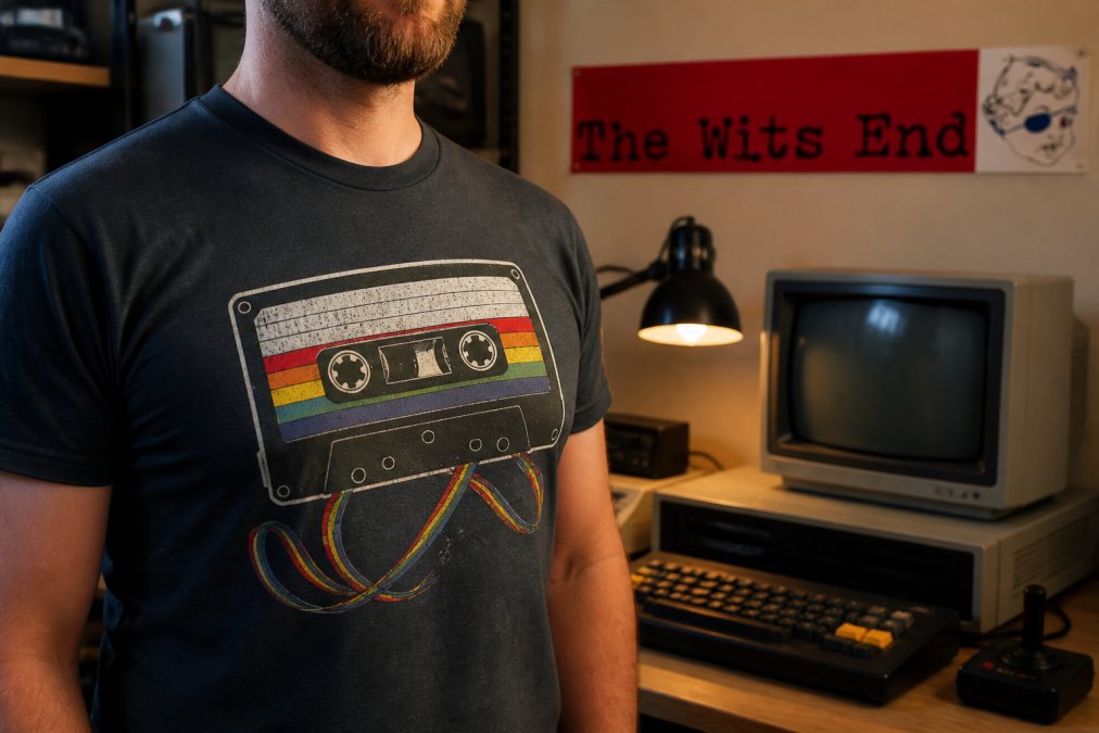 Close-up of a person wearing a retro tech graphic t-shirt, with a vintage Atari computer and CRT monitor visible on a desk behind them, warm indoor lighting
