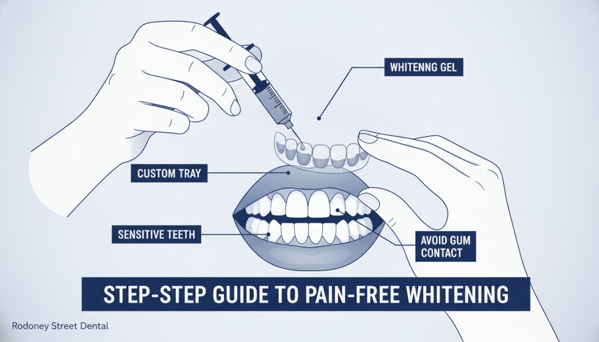 Close-up of a person carefully applying whitening gel to their teeth using a custom tray, showing proper technique with precise application and protective barriers