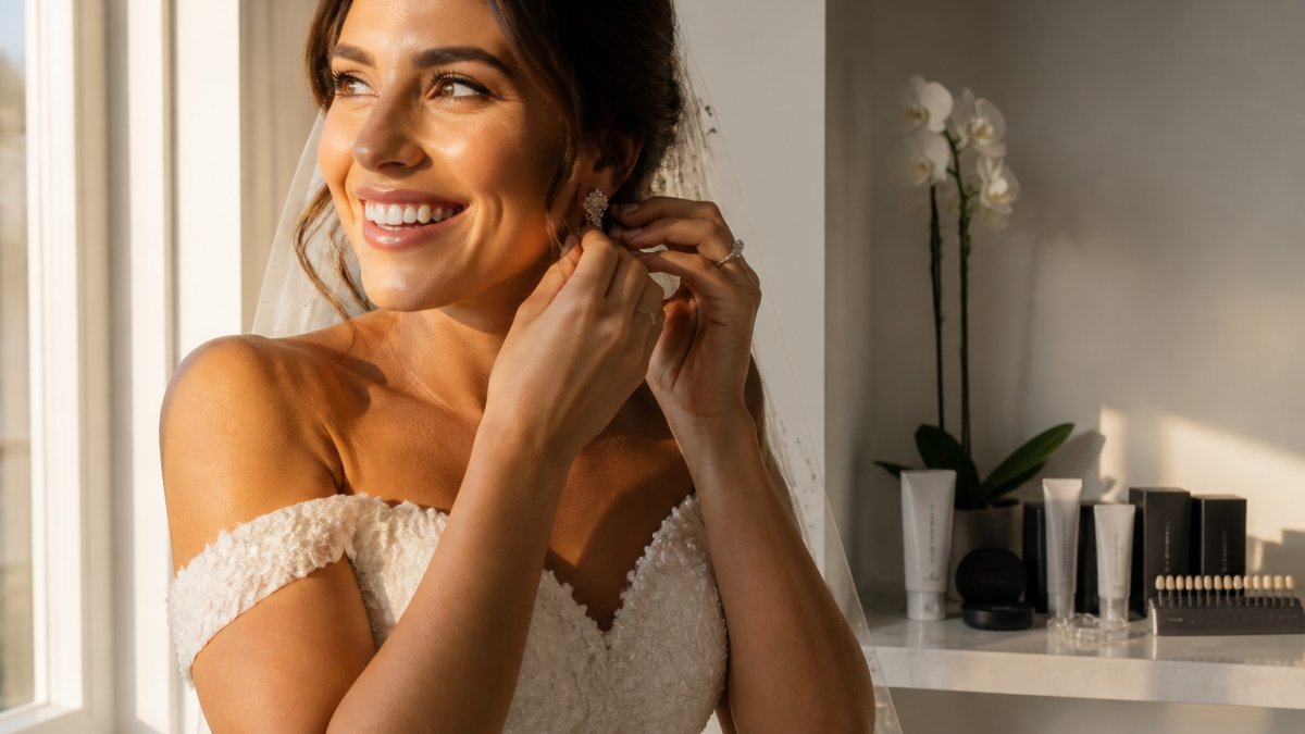 Bride smiling confidently in wedding dress with radiant white teeth visible in close-up, natural soft lighting from window