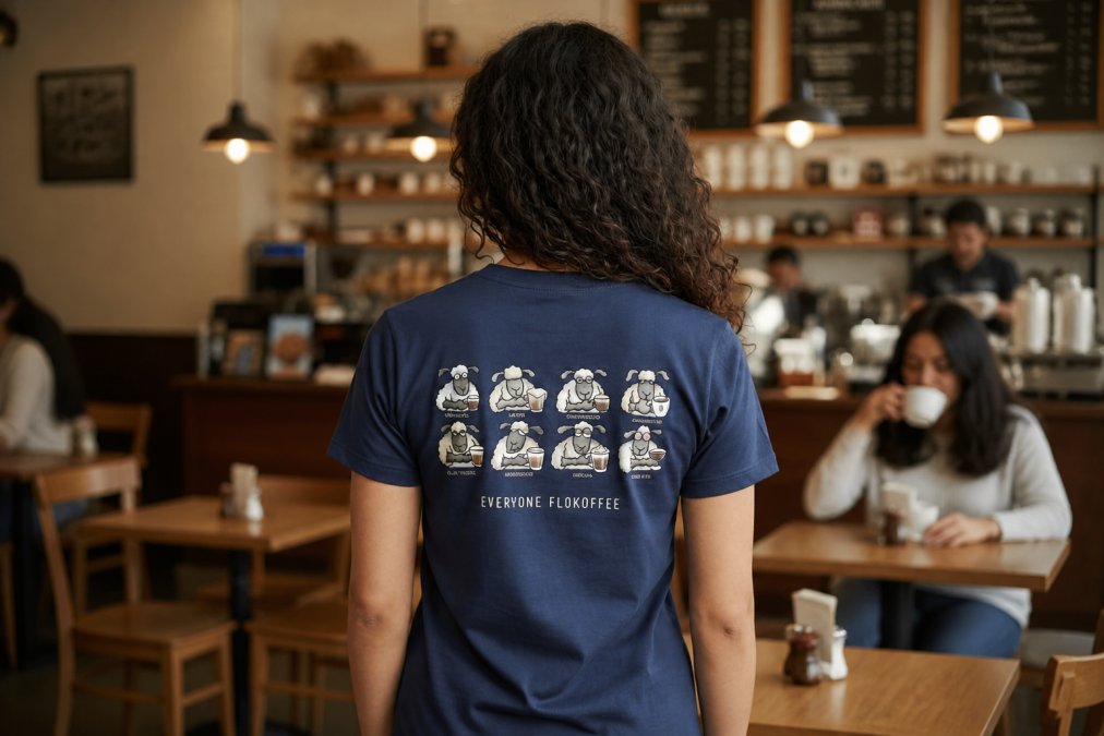 Adults wearing distinctive humorous graphic tees with bold hand-drawn designs and witty slogans, styled casually in everyday settings like cafés and casual workspaces, showcasing original artwork and confident self-expression