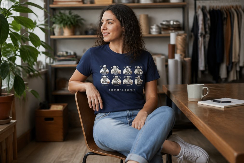Person wearing a humorous graphic tee styled casually with well-fitted jeans and clean trainers, sitting in relaxed natural lighting that showcases the bold design and comfortable fit