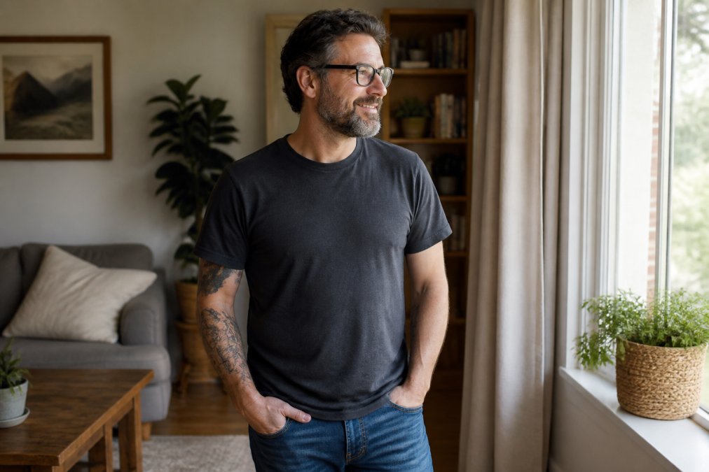 Person wearing well-fitted humorous t-shirt in casual everyday setting, relaxed posture showing comfort, natural daylight in modern home interior