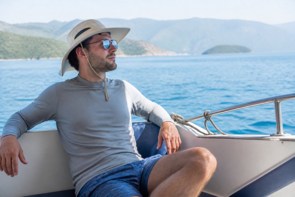 Gümüş rengi güneş gözlüğü, geniş kenarlı şapka, uzun kollu UPF korumalı tişört ve deniz şortu giymiş bir turist, teknede oturup denizi izliyor