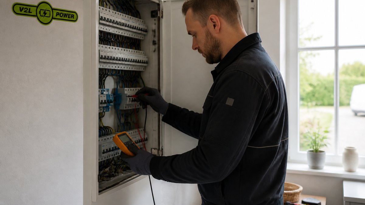 Autoriseret elektriker i arbejdstøj inspicerer en eltavle i et dansk hjem, måleinstrumenter og ledninger synlige, naturligt dagslys fra et vindue