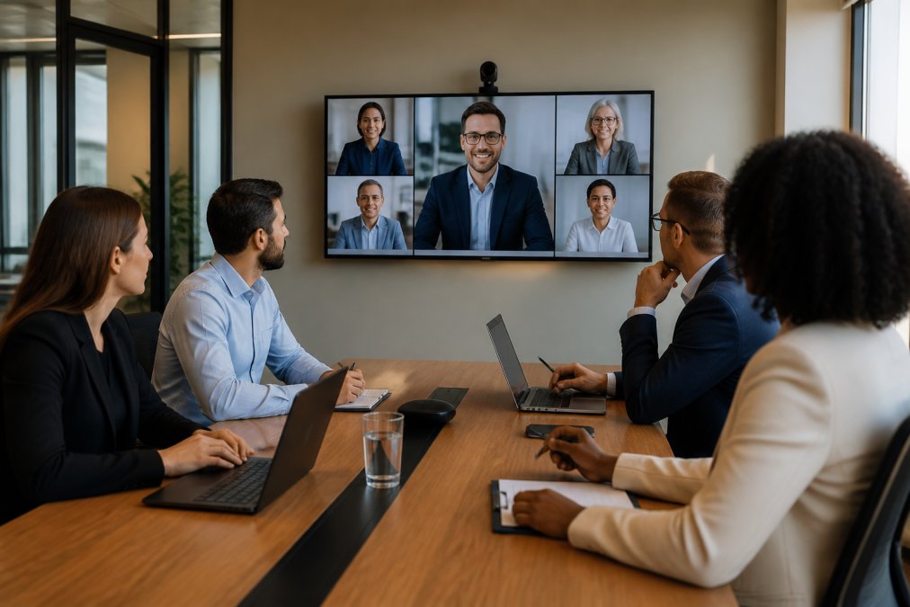 Business team in modern office having video conference call on multiple monitors displaying unified communications platform with call metrics visible on screens