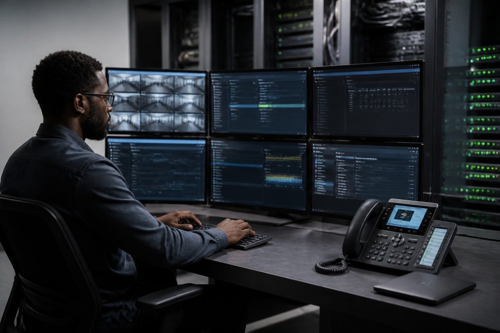 IT professional at control center workstation monitoring network infrastructure and VoIP systems on multiple screens with dashboard displaying call metrics, bandwidth usage, and system health indicators
