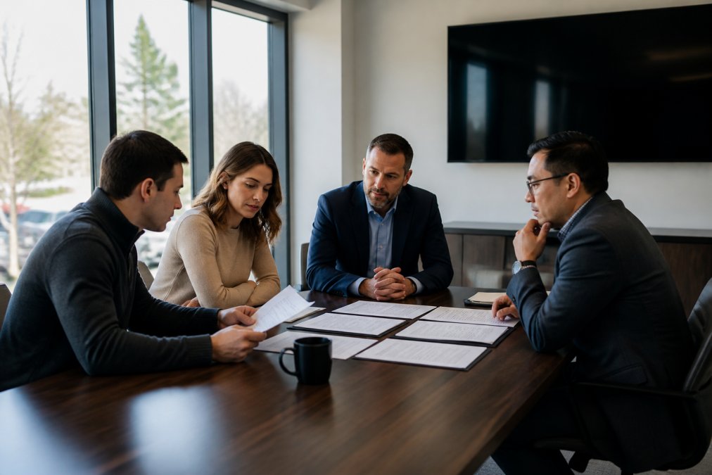 Business team of four people in modern conference room reviewing IT infrastructure diagrams and service contracts displayed on large wall-mounted monitor, collaborative discussion with documents spread across table, natural window lighting
